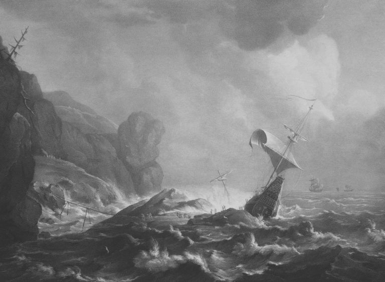 A small boat tossed by heavy waves in a storm at sea